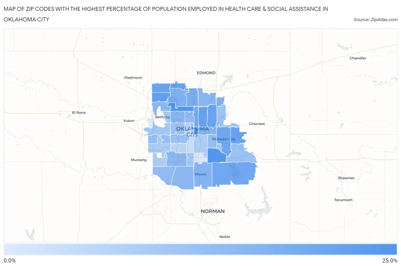 Zip Codes with the Highest Percentage of Population Employed in Health Care & Social Assistance in Oklahoma City Map