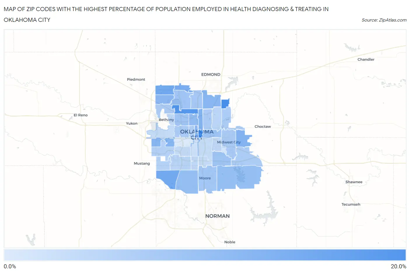Zip Codes with the Highest Percentage of Population Employed in Health Diagnosing & Treating in Oklahoma City Map