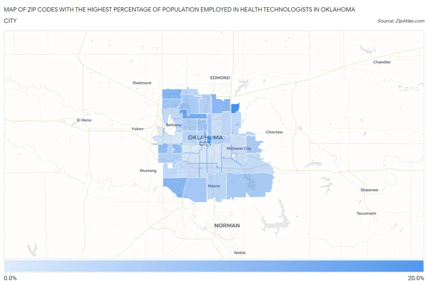 Zip Codes with the Highest Percentage of Population Employed in Health Technologists in Oklahoma City Map