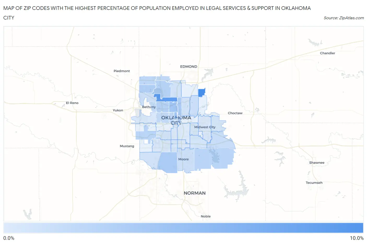 Zip Codes with the Highest Percentage of Population Employed in Legal Services & Support in Oklahoma City Map