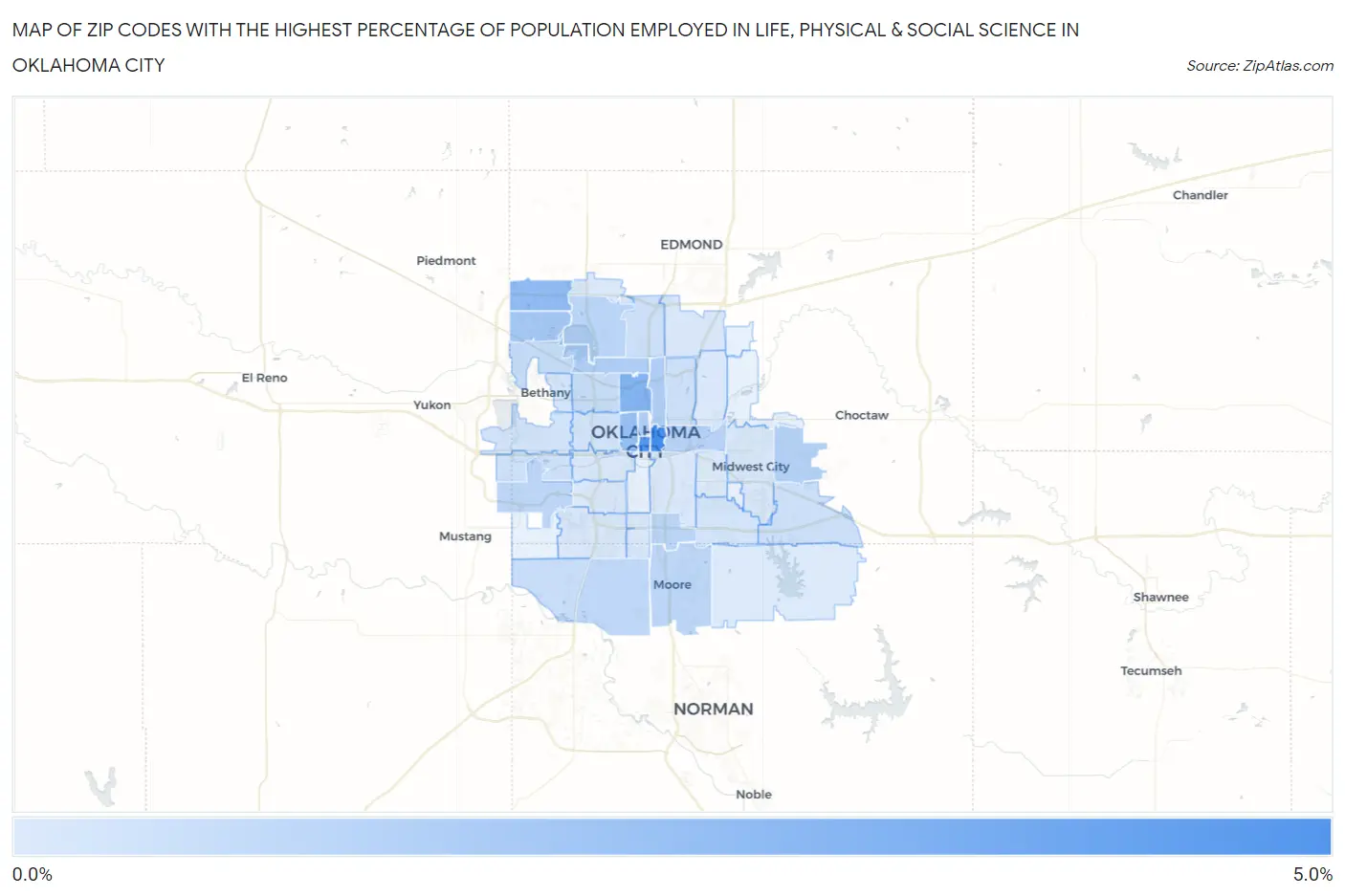 Zip Codes with the Highest Percentage of Population Employed in Life, Physical & Social Science in Oklahoma City Map