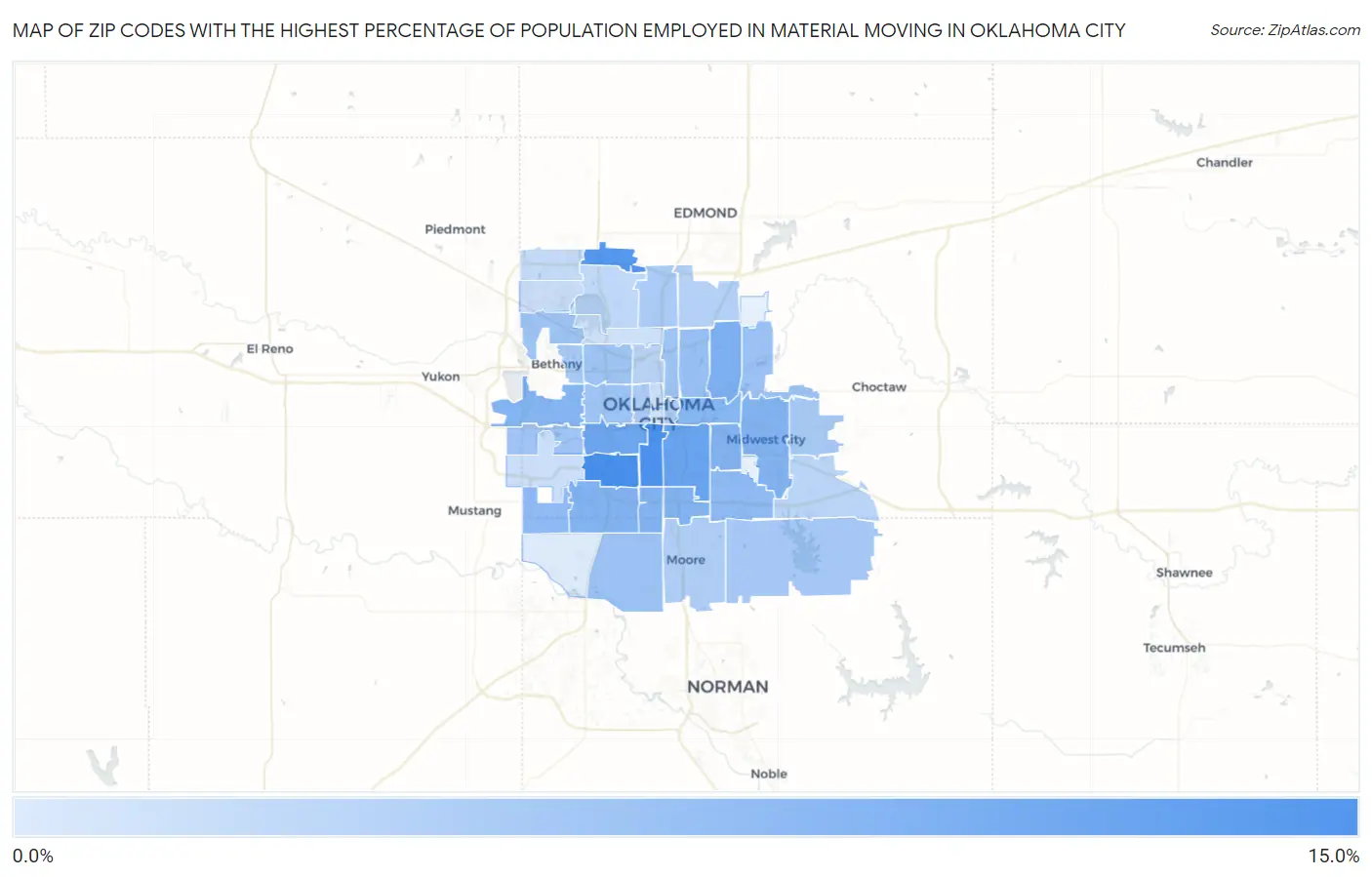 Zip Codes with the Highest Percentage of Population Employed in Material Moving in Oklahoma City Map