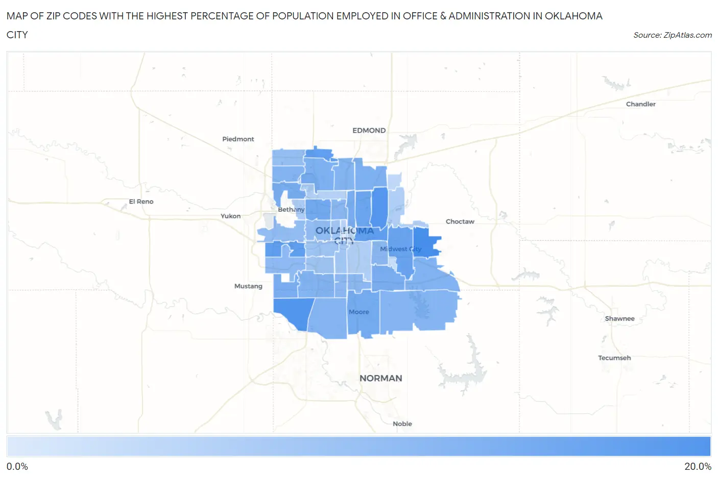 Zip Codes with the Highest Percentage of Population Employed in Office & Administration in Oklahoma City Map