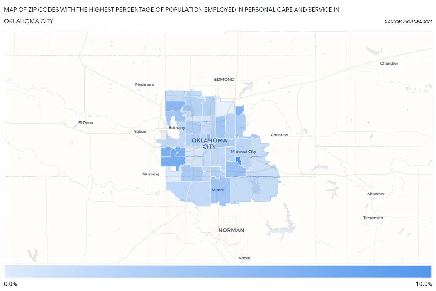 Zip Codes with the Highest Percentage of Population Employed in Personal Care and Service in Oklahoma City Map