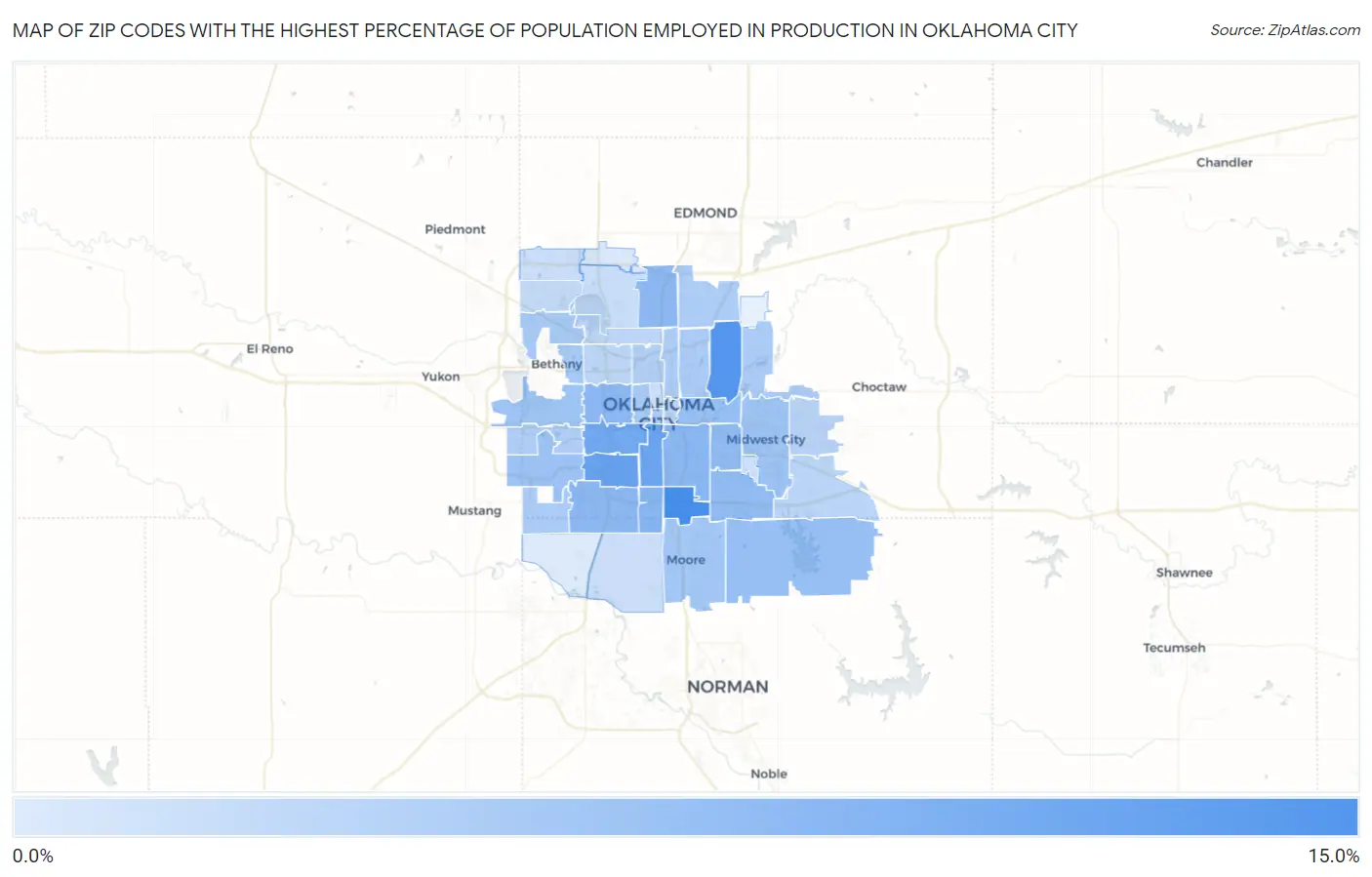 Zip Codes with the Highest Percentage of Population Employed in Production in Oklahoma City Map