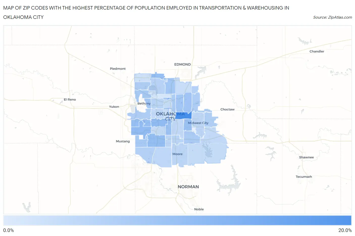 Zip Codes with the Highest Percentage of Population Employed in Transportation & Warehousing in Oklahoma City Map