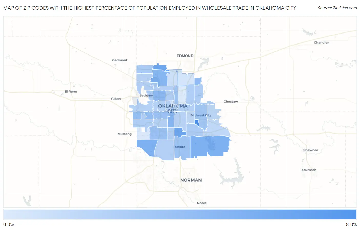 Zip Codes with the Highest Percentage of Population Employed in Wholesale Trade in Oklahoma City Map