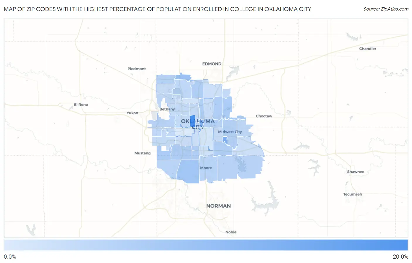 Zip Codes with the Highest Percentage of Population Enrolled in College in Oklahoma City Map