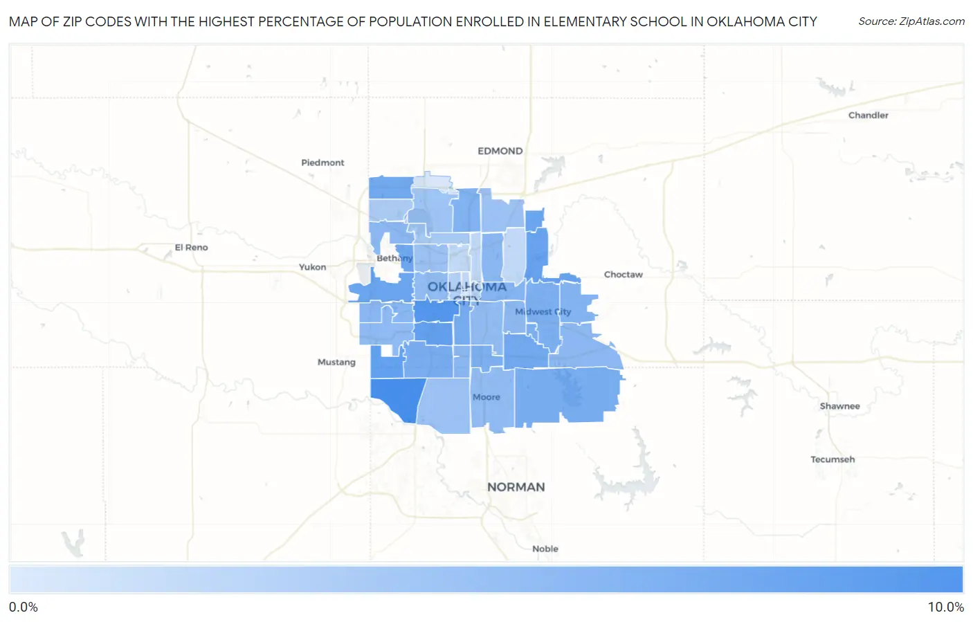Zip Codes with the Highest Percentage of Population Enrolled in Elementary School in Oklahoma City Map