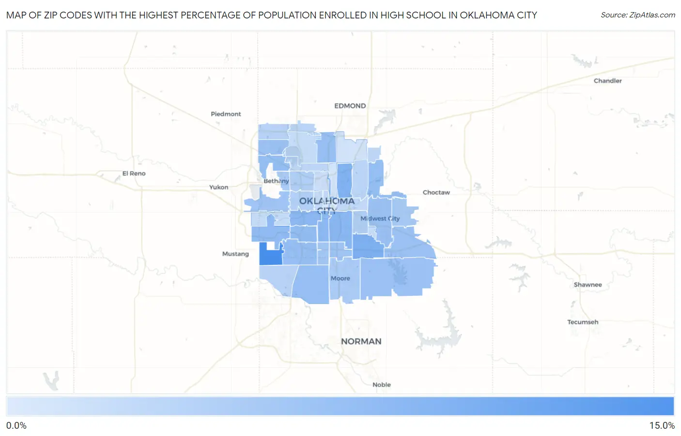 Zip Codes with the Highest Percentage of Population Enrolled in High School in Oklahoma City Map