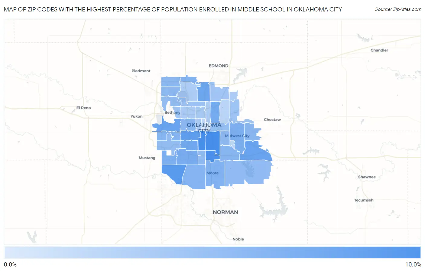 Zip Codes with the Highest Percentage of Population Enrolled in Middle School in Oklahoma City Map