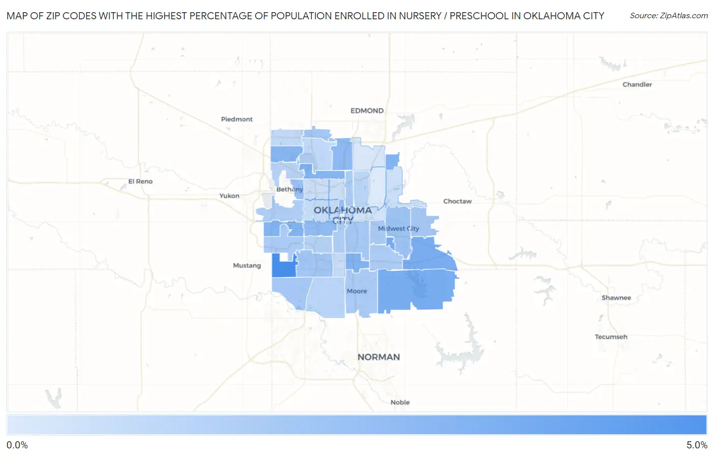 Zip Codes with the Highest Percentage of Population Enrolled in Nursery / Preschool in Oklahoma City Map
