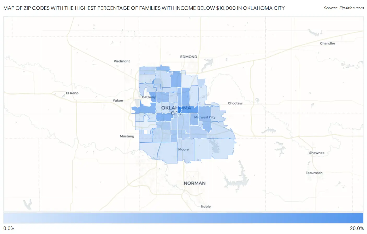 Zip Codes with the Highest Percentage of Families with Income Below $10,000 in Oklahoma City Map