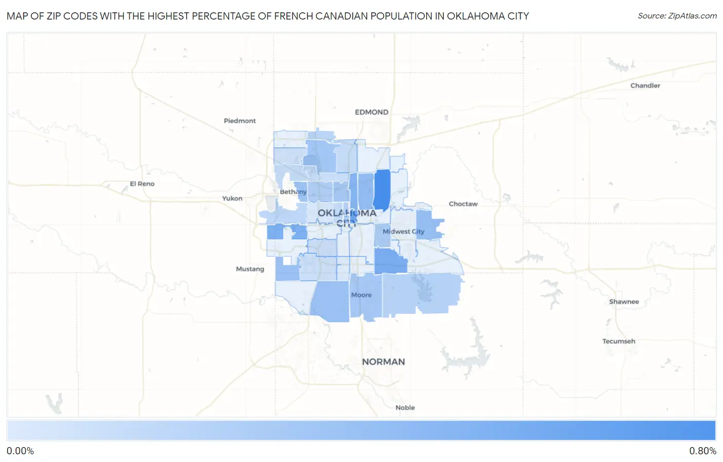 Zip Codes with the Highest Percentage of French Canadian Population in Oklahoma City Map