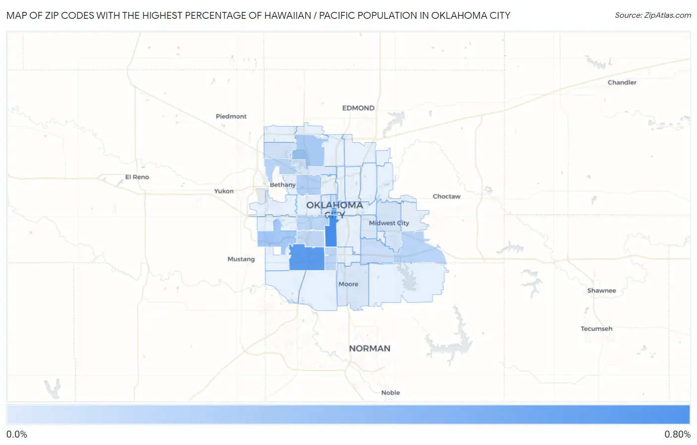 Zip Codes with the Highest Percentage of Hawaiian / Pacific Population in Oklahoma City Map