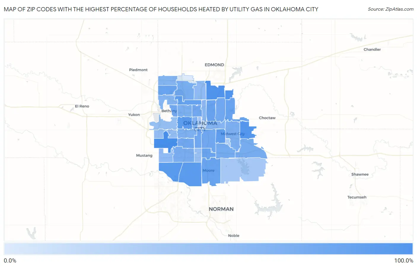 Zip Codes with the Highest Percentage of Households Heated by Utility Gas in Oklahoma City Map