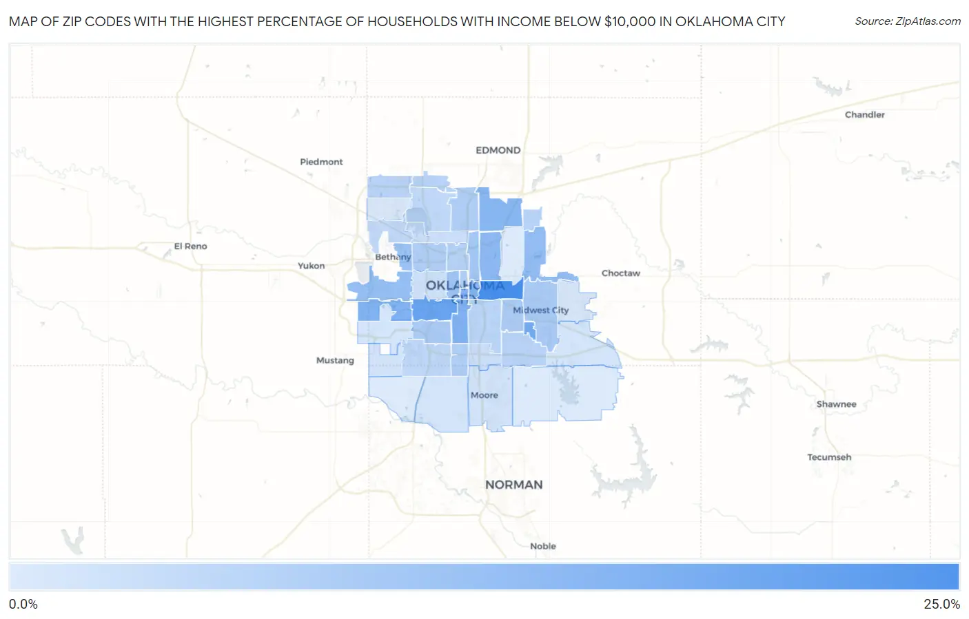 Zip Codes with the Highest Percentage of Households with Income Below $10,000 in Oklahoma City Map