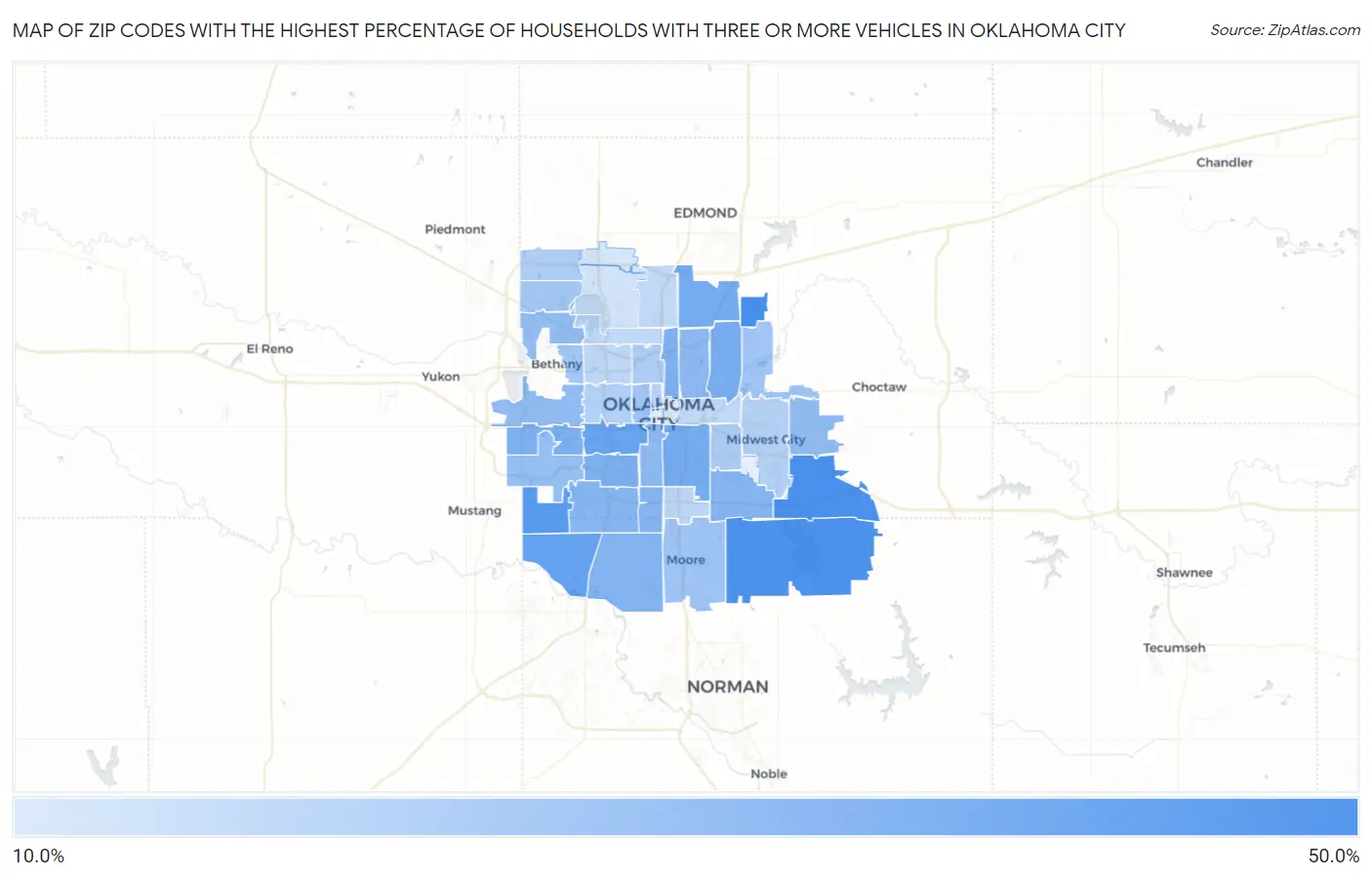 Zip Codes with the Highest Percentage of Households With Three or more Vehicles in Oklahoma City Map