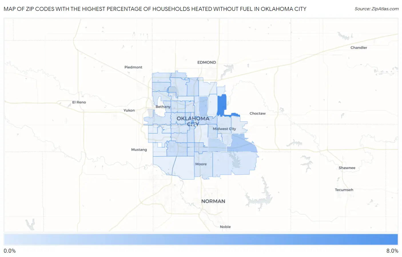 Zip Codes with the Highest Percentage of Households Heated without Fuel in Oklahoma City Map