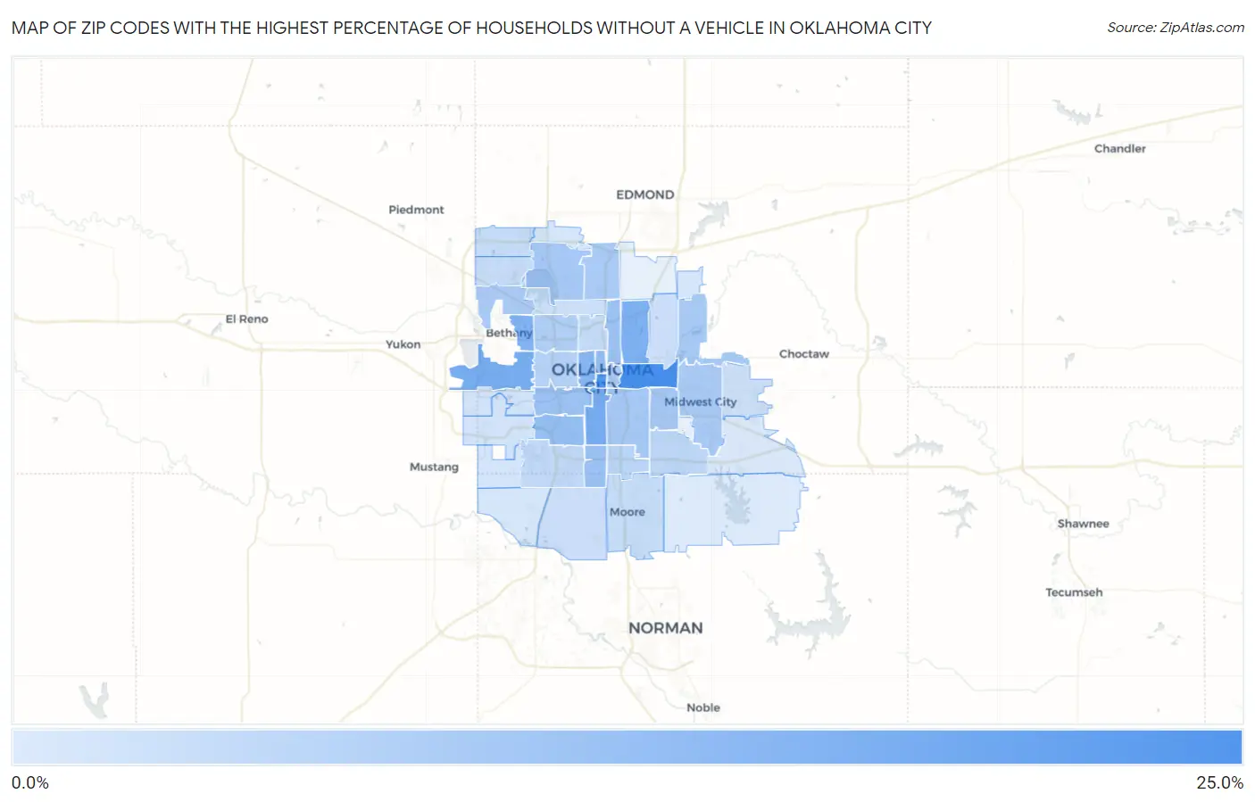 Zip Codes with the Highest Percentage of Households Without a Vehicle in Oklahoma City Map
