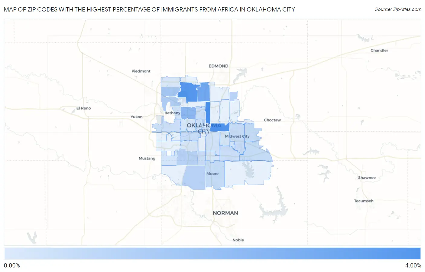 Zip Codes with the Highest Percentage of Immigrants from Africa in Oklahoma City Map