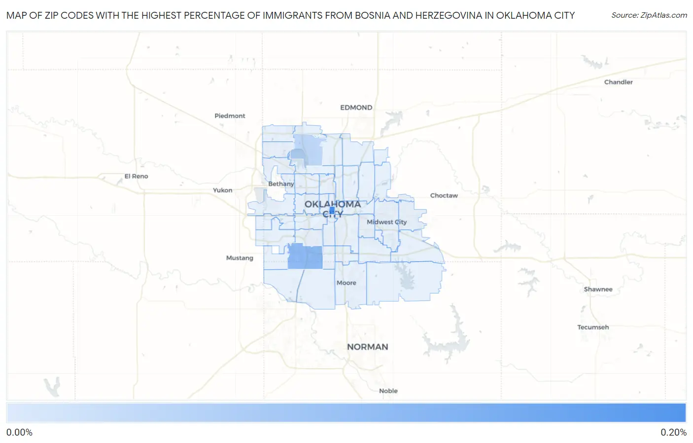 Zip Codes with the Highest Percentage of Immigrants from Bosnia and Herzegovina in Oklahoma City Map