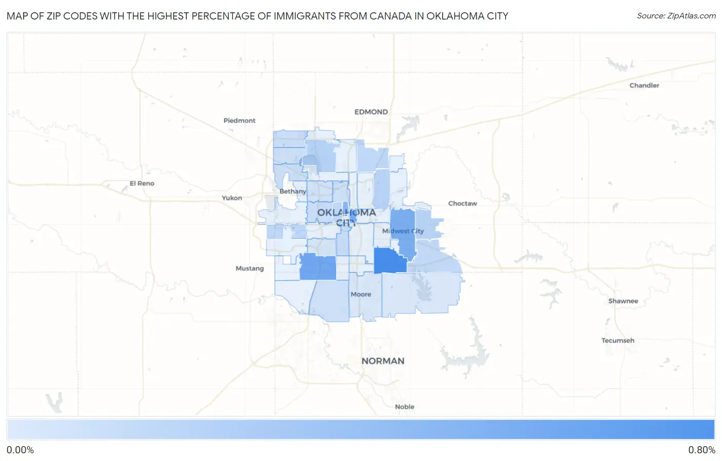 Zip Codes with the Highest Percentage of Immigrants from Canada in Oklahoma City Map