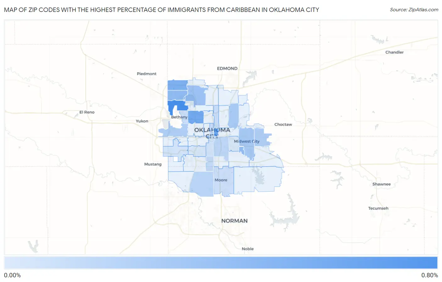 Zip Codes with the Highest Percentage of Immigrants from Caribbean in Oklahoma City Map