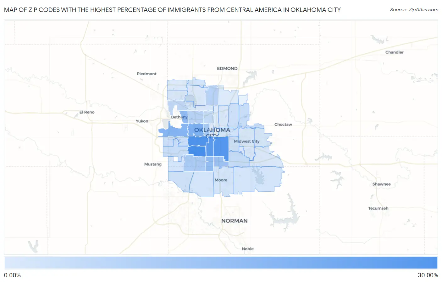 Zip Codes with the Highest Percentage of Immigrants from Central America in Oklahoma City Map