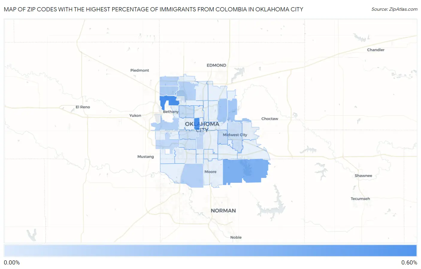 Zip Codes with the Highest Percentage of Immigrants from Colombia in Oklahoma City Map