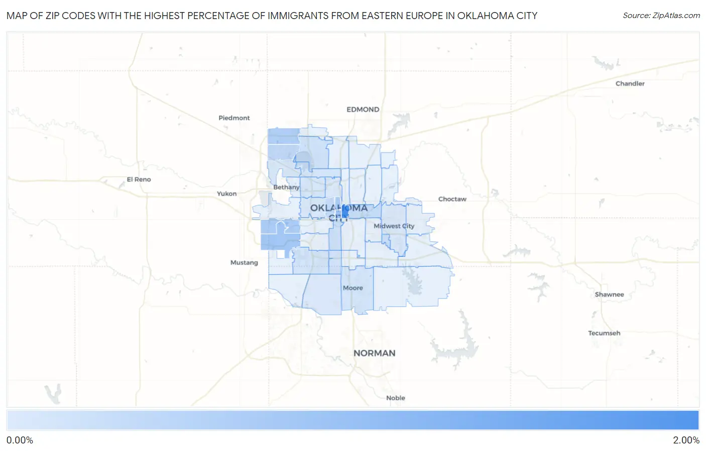 Zip Codes with the Highest Percentage of Immigrants from Eastern Europe in Oklahoma City Map