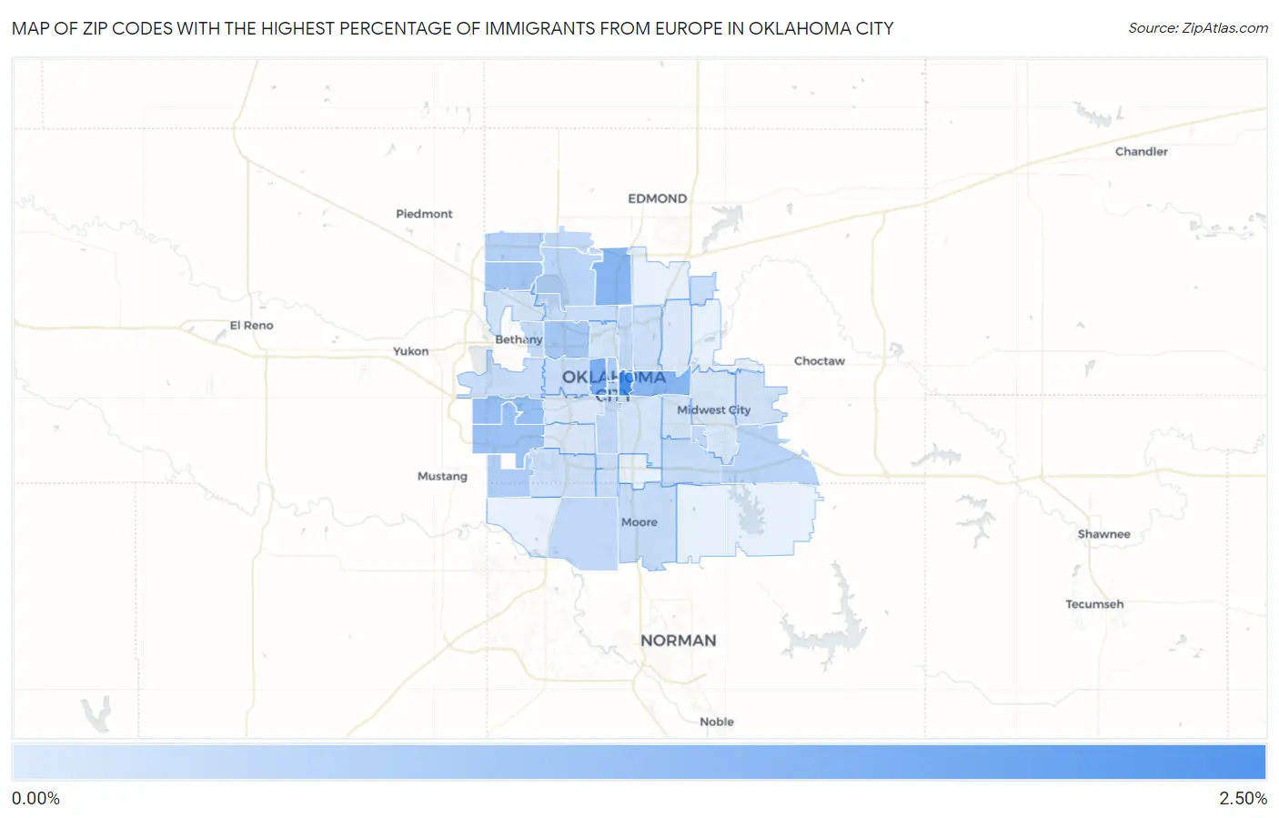 Zip Codes with the Highest Percentage of Immigrants from Europe in Oklahoma City Map