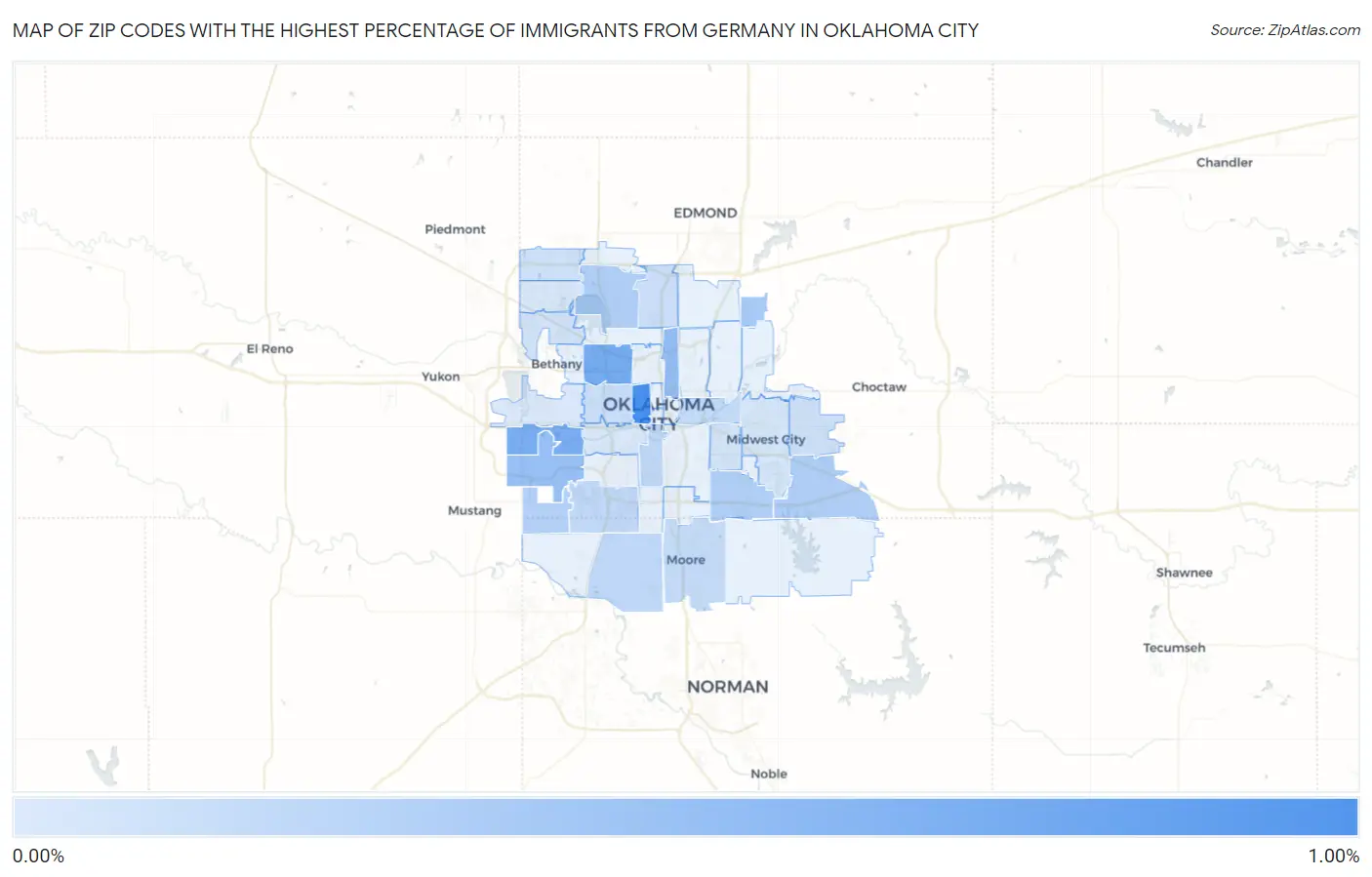Zip Codes with the Highest Percentage of Immigrants from Germany in Oklahoma City Map