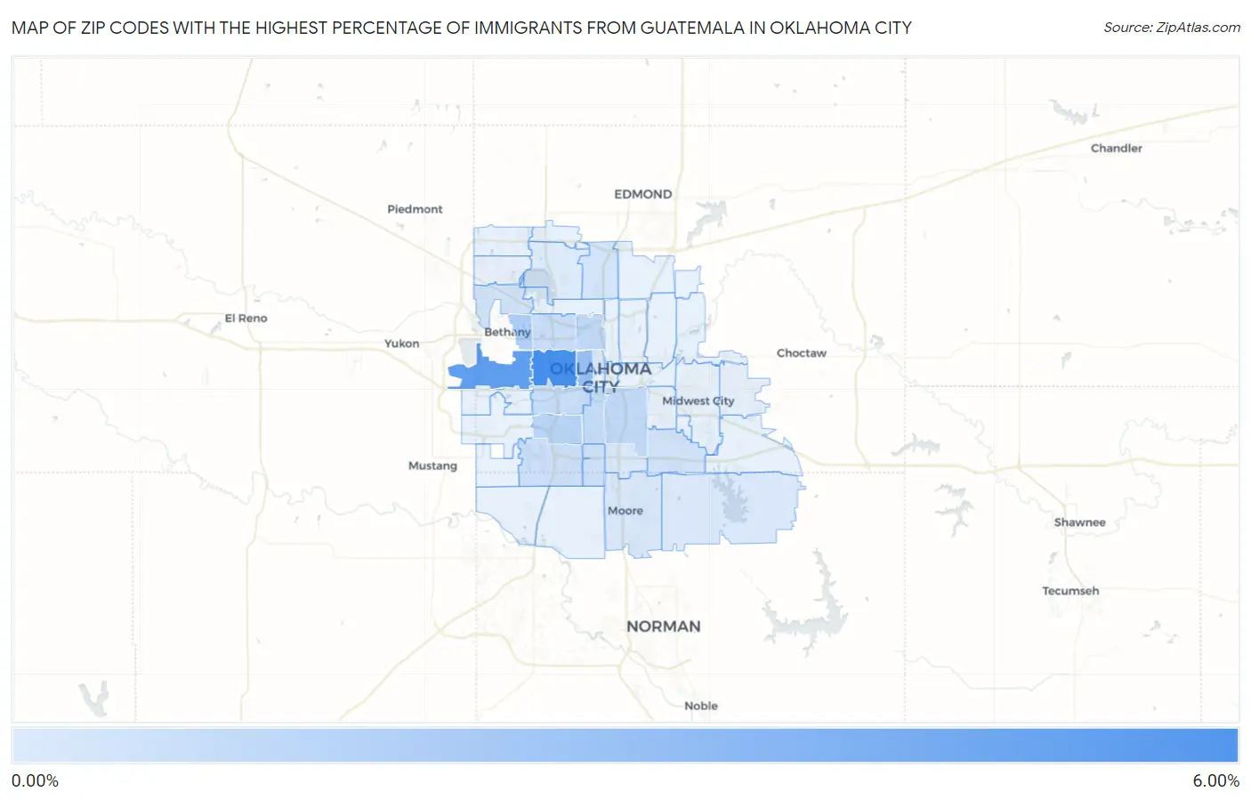 Zip Codes with the Highest Percentage of Immigrants from Guatemala in Oklahoma City Map