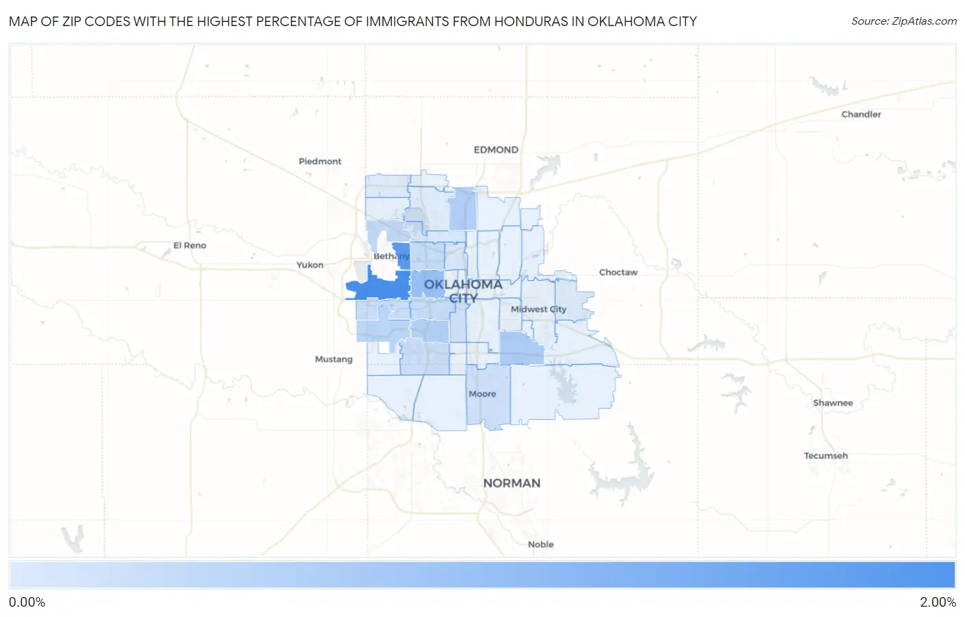Zip Codes with the Highest Percentage of Immigrants from Honduras in Oklahoma City Map