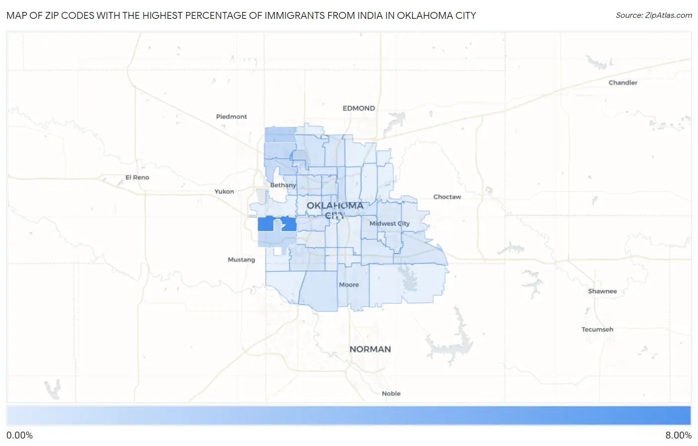 Zip Codes with the Highest Percentage of Immigrants from India in Oklahoma City Map
