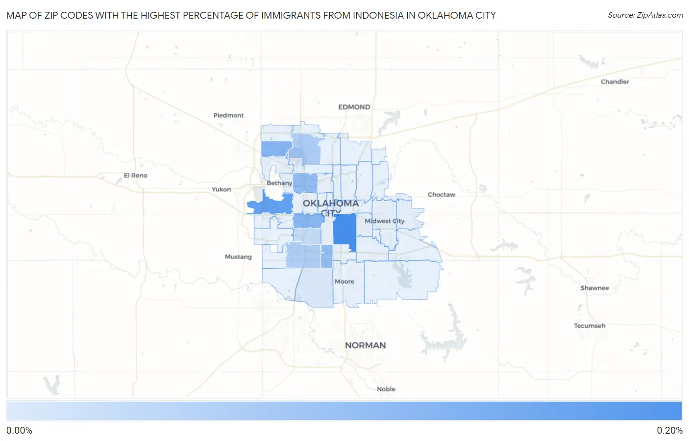 Zip Codes with the Highest Percentage of Immigrants from Indonesia in Oklahoma City Map