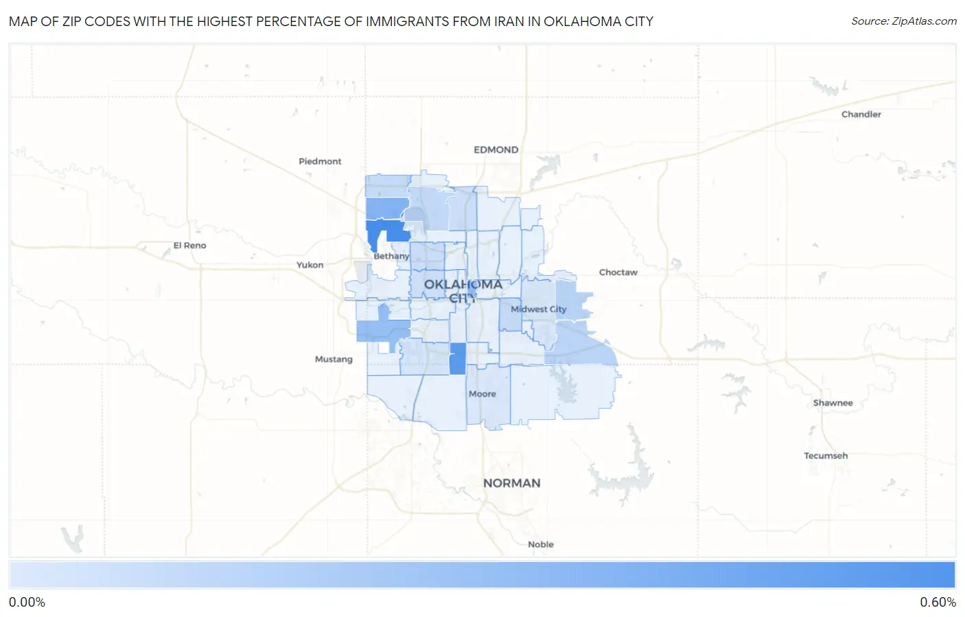 Zip Codes with the Highest Percentage of Immigrants from Iran in Oklahoma City Map