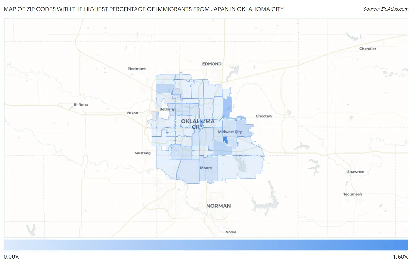 Zip Codes with the Highest Percentage of Immigrants from Japan in Oklahoma City Map