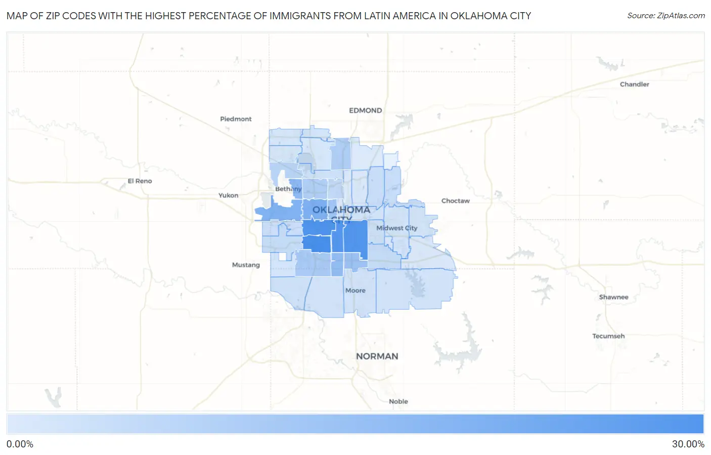 Zip Codes with the Highest Percentage of Immigrants from Latin America in Oklahoma City Map