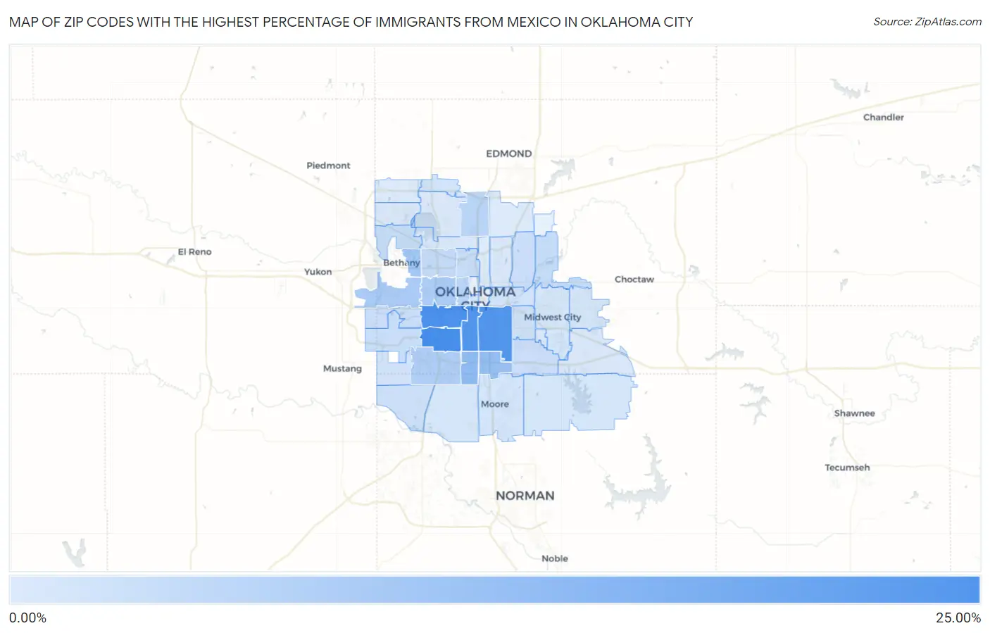 Zip Codes with the Highest Percentage of Immigrants from Mexico in Oklahoma City Map
