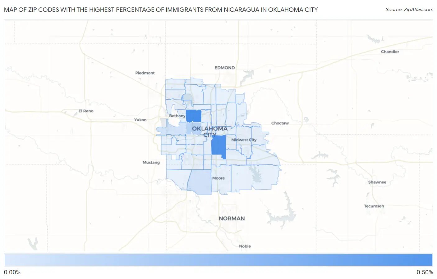 Zip Codes with the Highest Percentage of Immigrants from Nicaragua in Oklahoma City Map