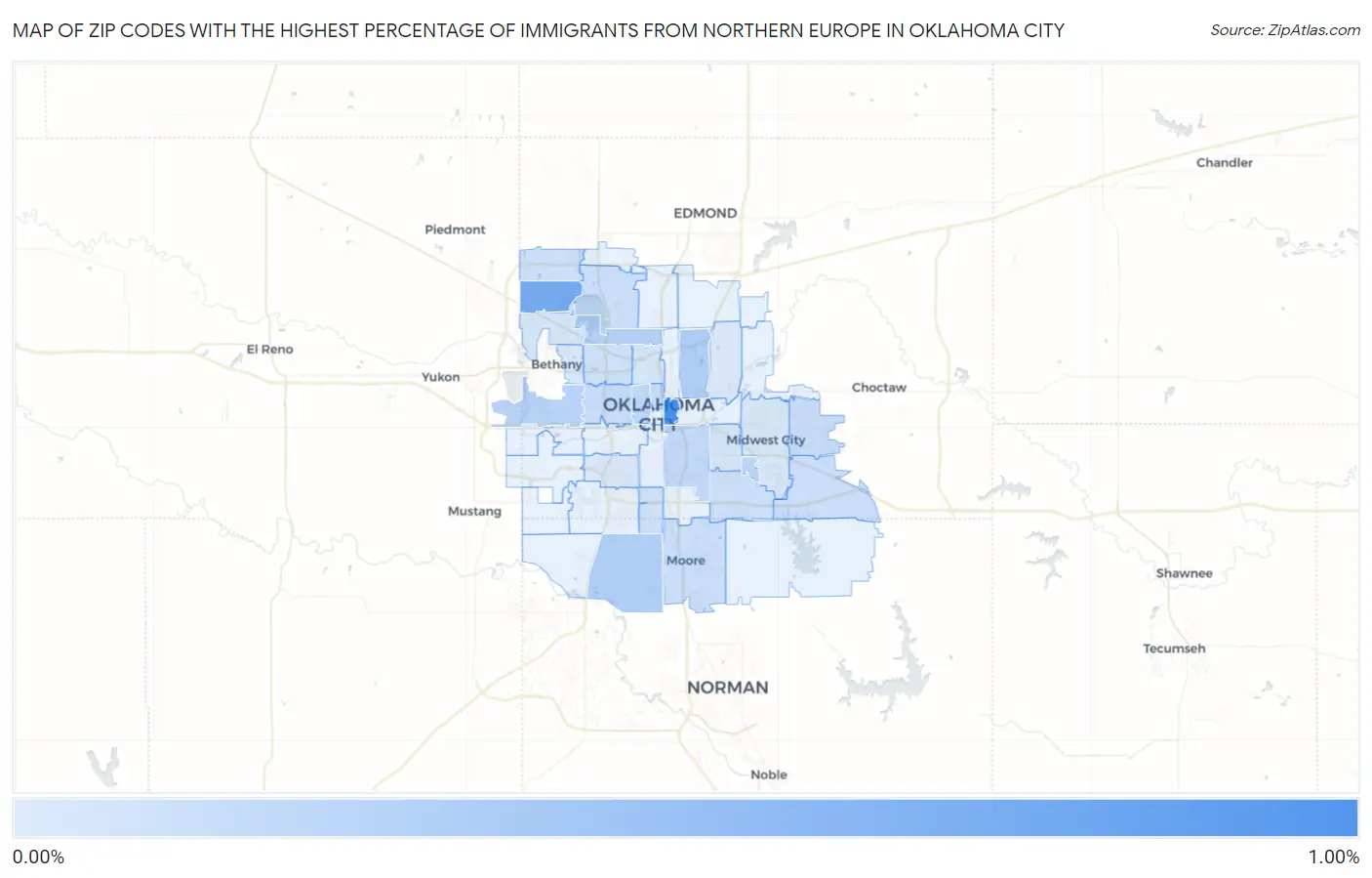Zip Codes with the Highest Percentage of Immigrants from Northern Europe in Oklahoma City Map