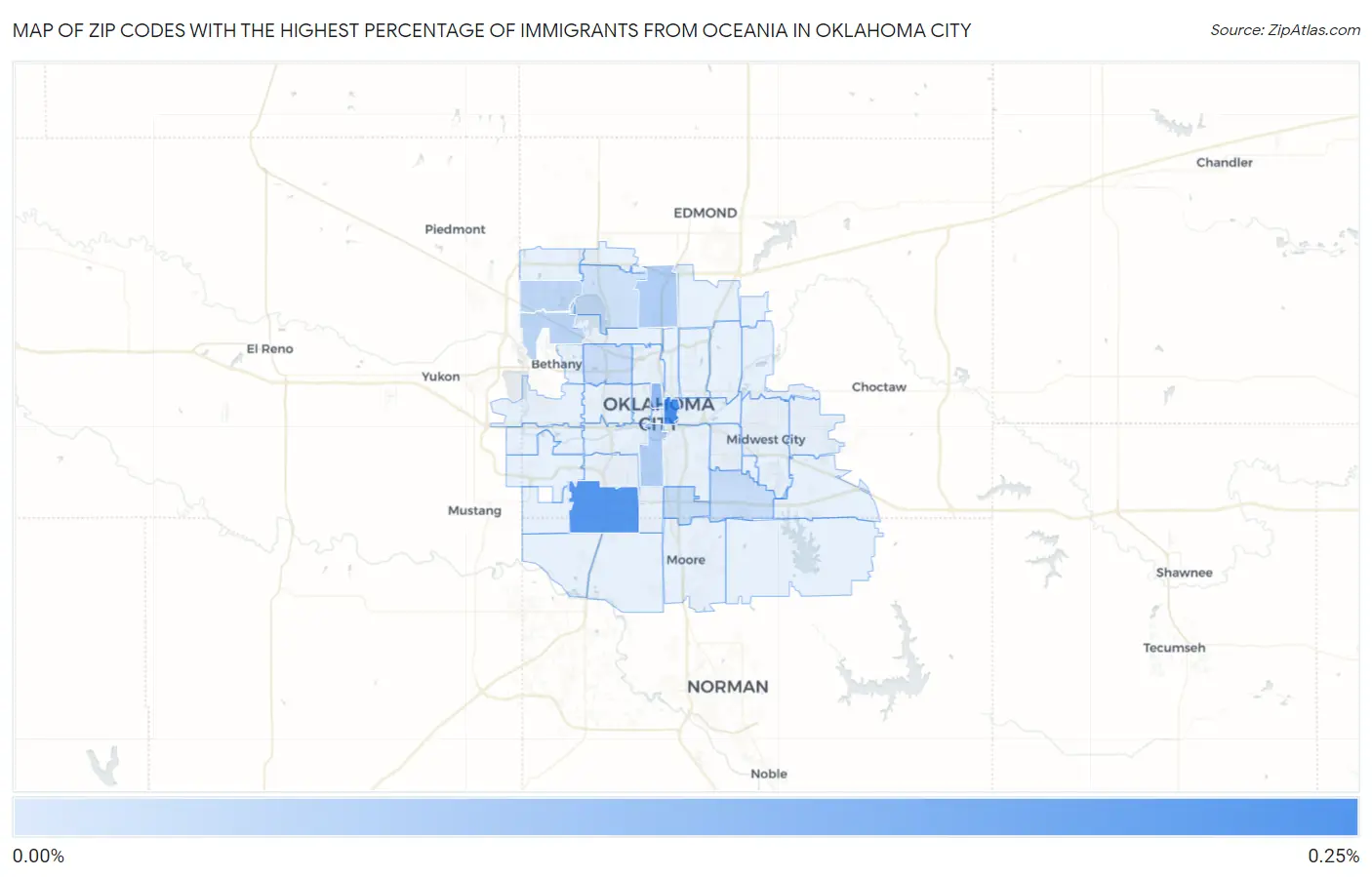 Zip Codes with the Highest Percentage of Immigrants from Oceania in Oklahoma City Map