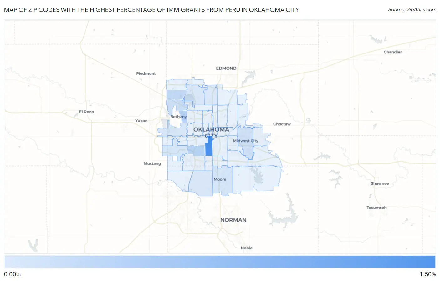 Zip Codes with the Highest Percentage of Immigrants from Peru in Oklahoma City Map
