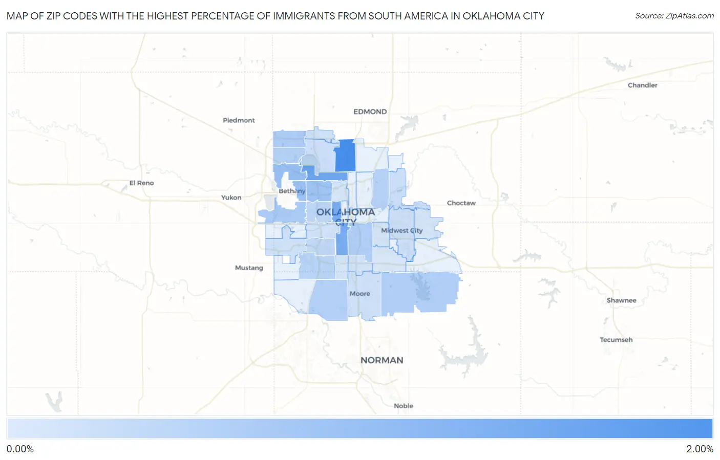 Zip Codes with the Highest Percentage of Immigrants from South America in Oklahoma City Map