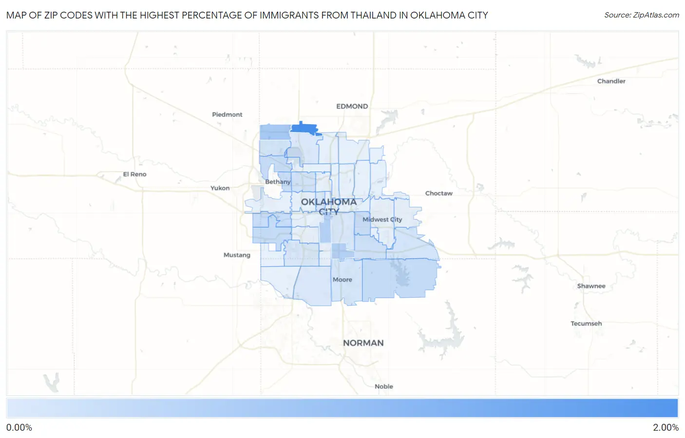 Zip Codes with the Highest Percentage of Immigrants from Thailand in Oklahoma City Map