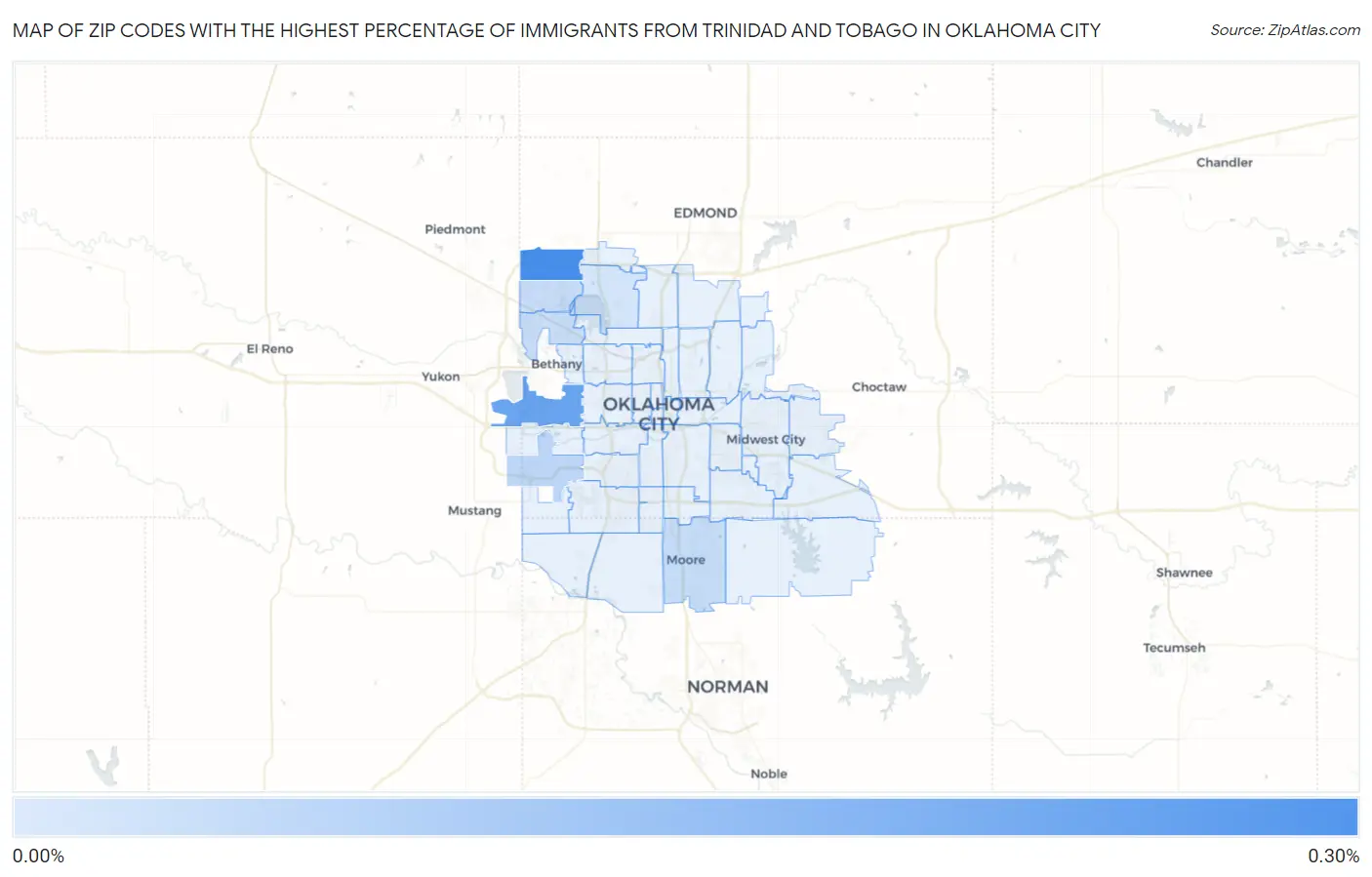 Zip Codes with the Highest Percentage of Immigrants from Trinidad and Tobago in Oklahoma City Map