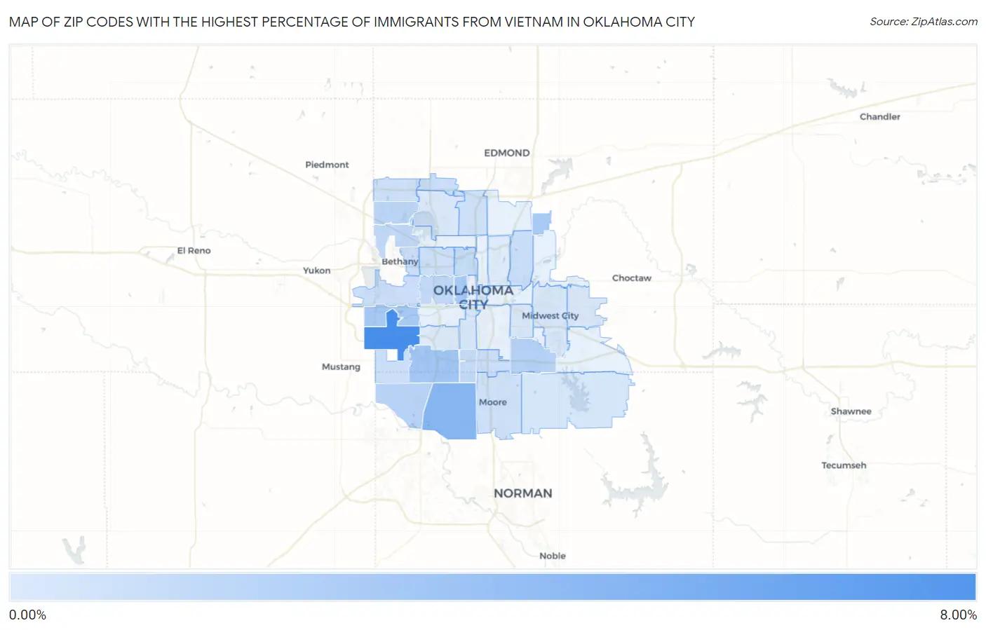 Zip Codes with the Highest Percentage of Immigrants from Vietnam in Oklahoma City Map