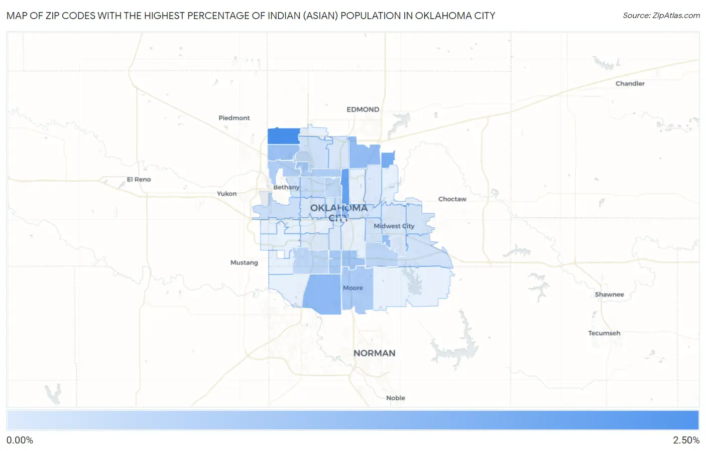 Zip Codes with the Highest Percentage of Indian (Asian) Population in Oklahoma City Map
